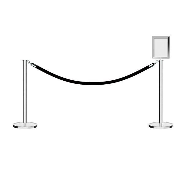 Montour Line Stanchion Post and Rope Kit Pol.Steel, 2FlatTop 1Blk Rope 8.5x11V Sign C-Kit-1-PS-FL-1-Tapped-1-8511-V-1-ER-BK-PS